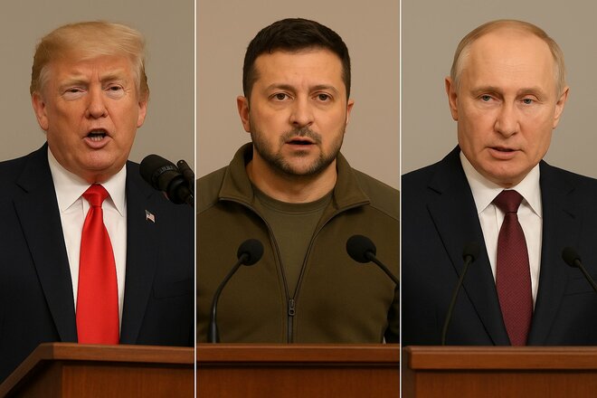 左からトランプ大統領、ゼレンスキー大統領、プーチン大統領
