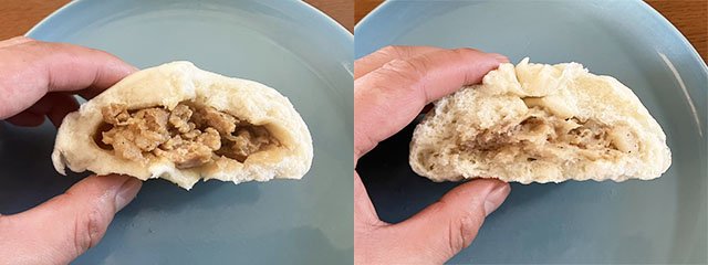 ローソン『肉まん』（右）と『特撰　醤油豚まん』の断面画像（撮影／編集部）