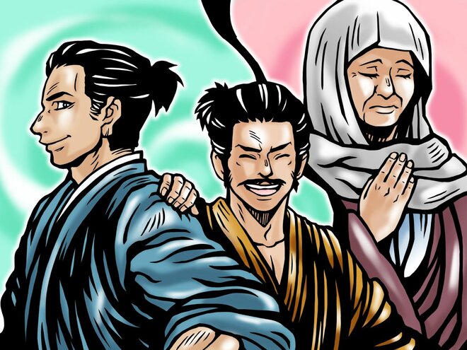 豊臣秀長、秀吉、大政所のイラスト