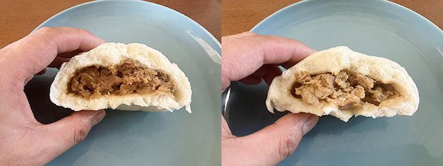 『ふんわり×ごろっと肉まん』と『もちもち×ずっしり 大入り豚まん』の断面比較画像（撮影／編集部）