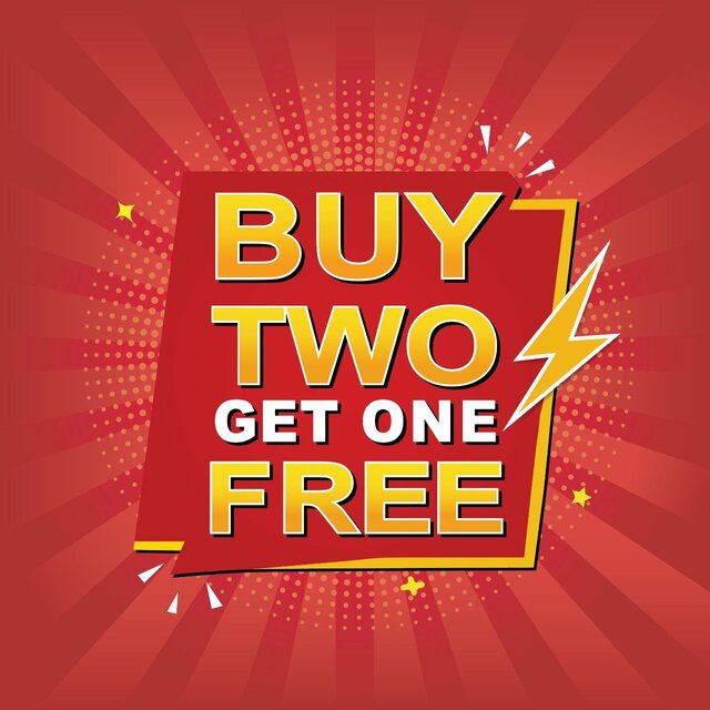 「BUY TWO GET ONE FREE」と書かれた広告バナー