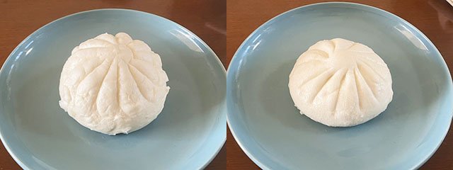 『ふんわり×ごろっと肉まん』（右）と『もちもち×ずっしり 大入り豚まん』をお皿に並べた画像（撮影／編集部）