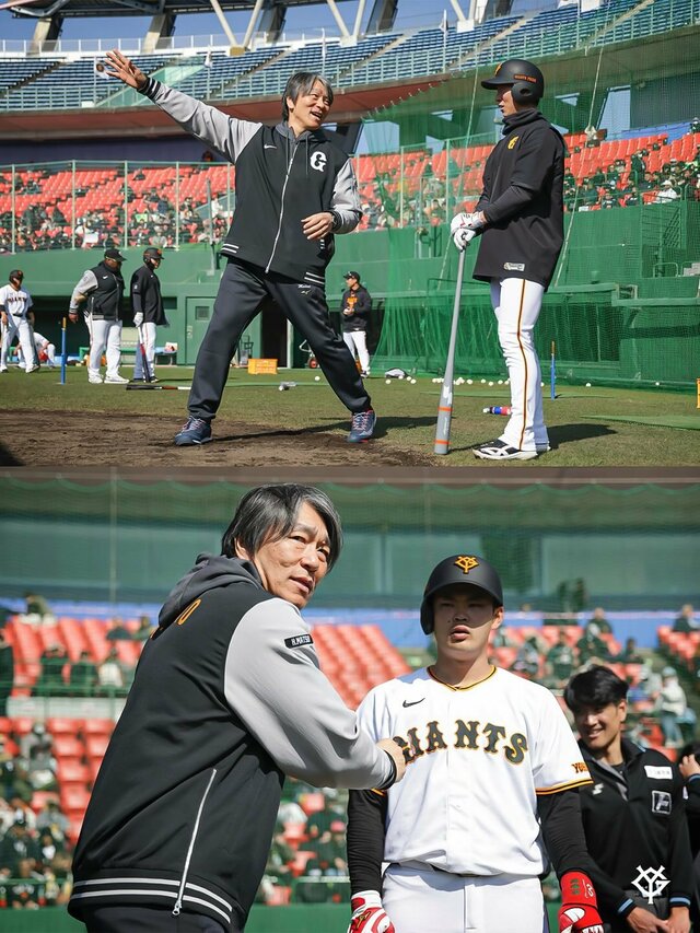 春季キャンプで臨時コーチを務める松井秀喜