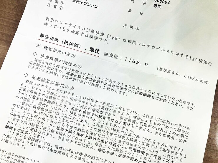 新型コロナウイルス抗体検査報告書　※撮影／編集部